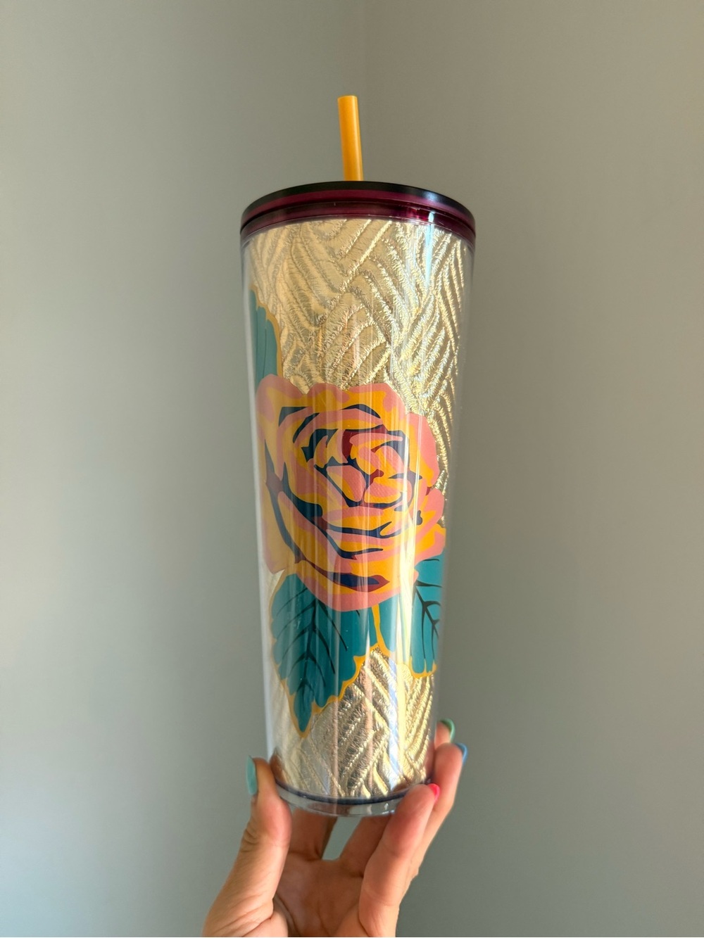 Floral Metallic Tumbler with Yellow Straw